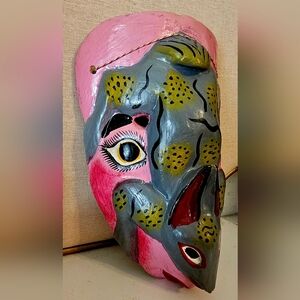 Vintage Mexican folk art mask face mask in carved wood